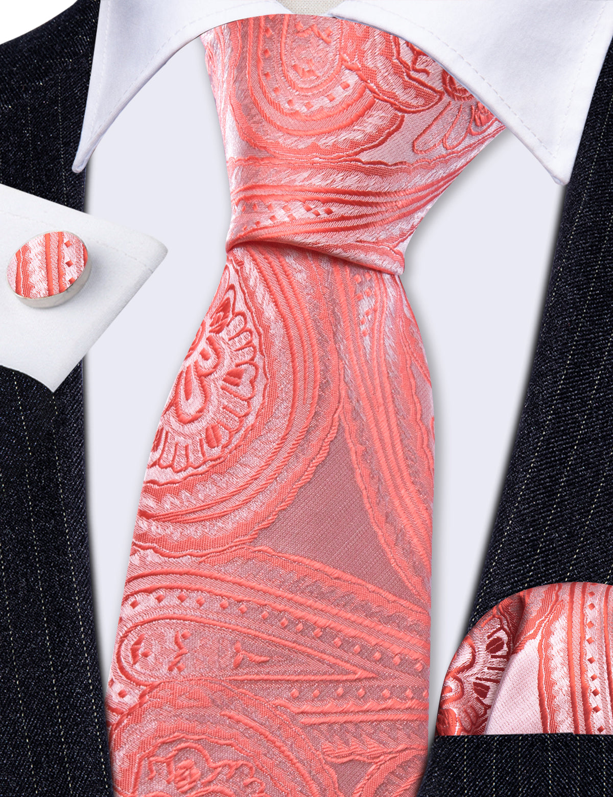Light Coral Paisley Silk Tie, Pocket Square and Cufflinks Set tie sets    - Sophisticated Gentlemen
