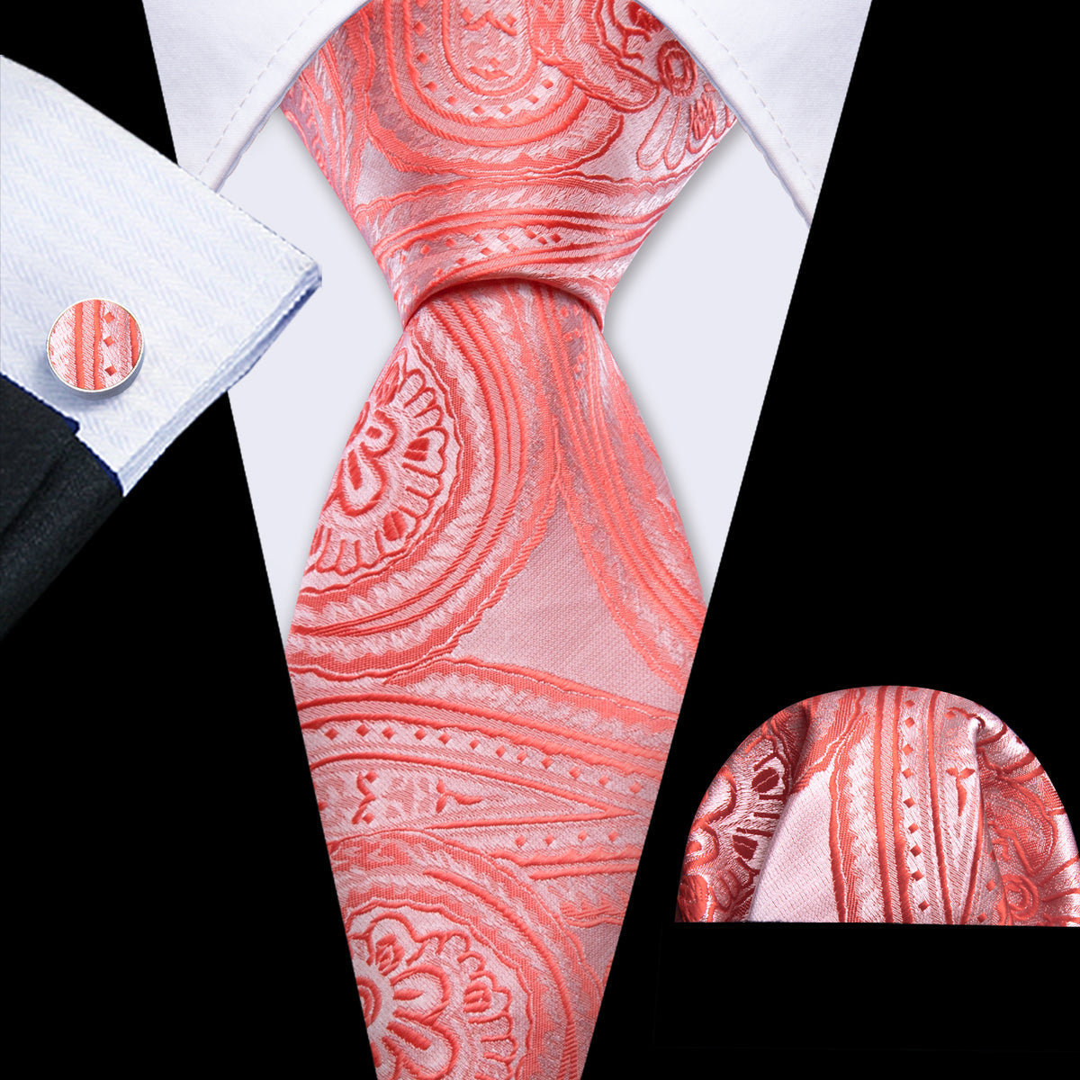 Light Coral Paisley Silk Tie, Pocket Square and Cufflinks Set tie sets    - Sophisticated Gentlemen