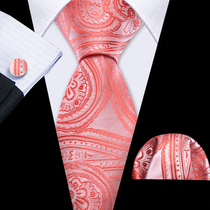 Light Coral Paisley Silk Tie, Pocket Square and Cufflinks Set tie sets    - Sophisticated Gentlemen