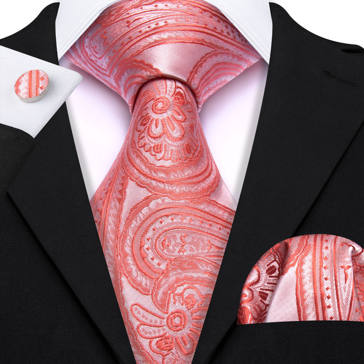 Light Coral Paisley Silk Tie, Pocket Square and Cufflinks Set tie sets    - Sophisticated Gentlemen