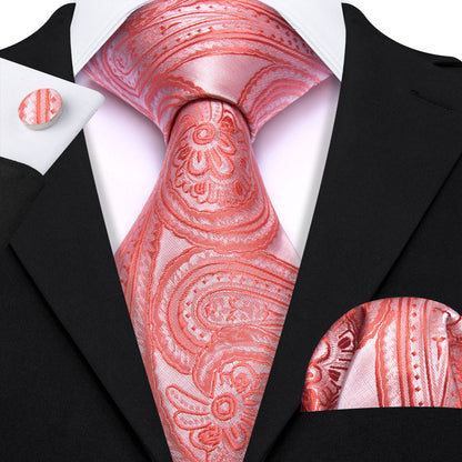 Light Coral Paisley Silk Tie, Pocket Square and Cufflinks Set tie sets    - Sophisticated Gentlemen