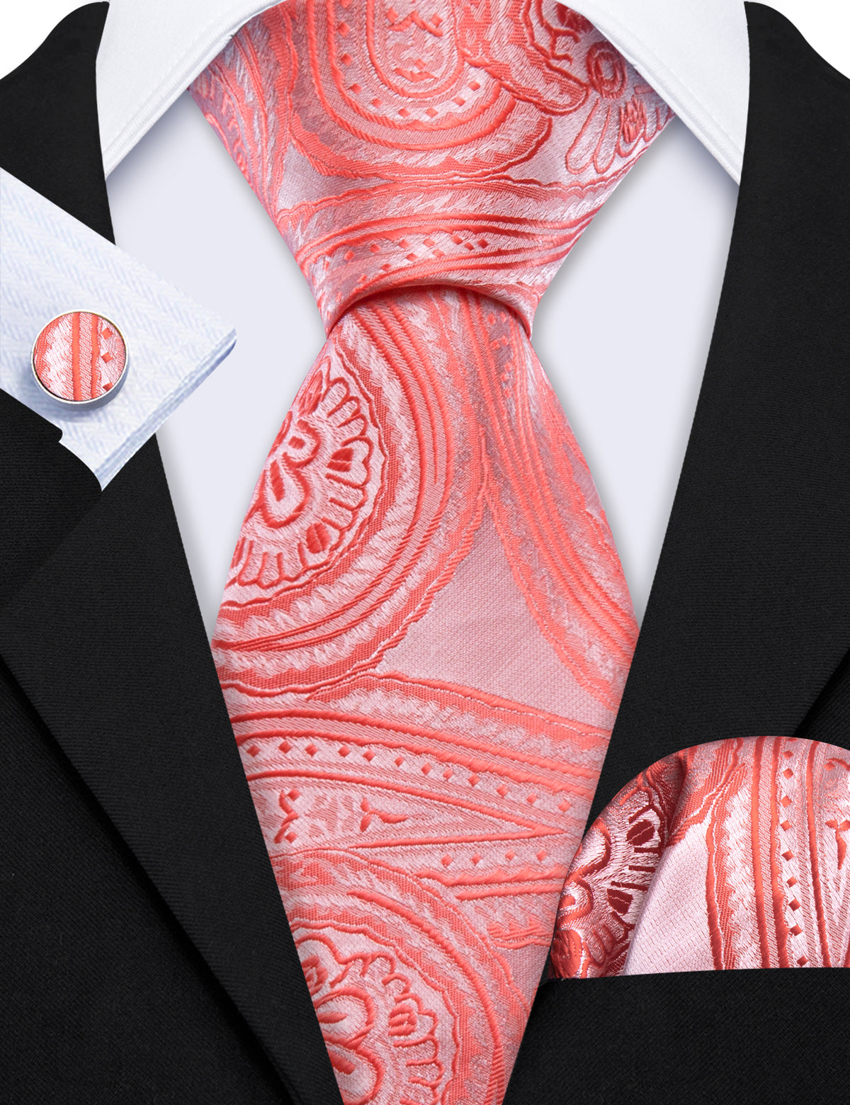 Light Coral Paisley Silk Tie, Pocket Square and Cufflinks Set tie sets    - Sophisticated Gentlemen
