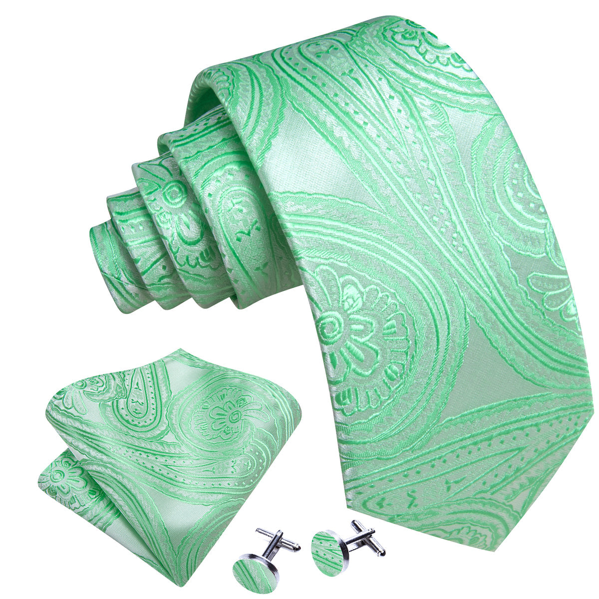 Light Green Paisley Silk Tie, Pocket Square and Cufflinks Set tie sets    - Sophisticated Gentlemen