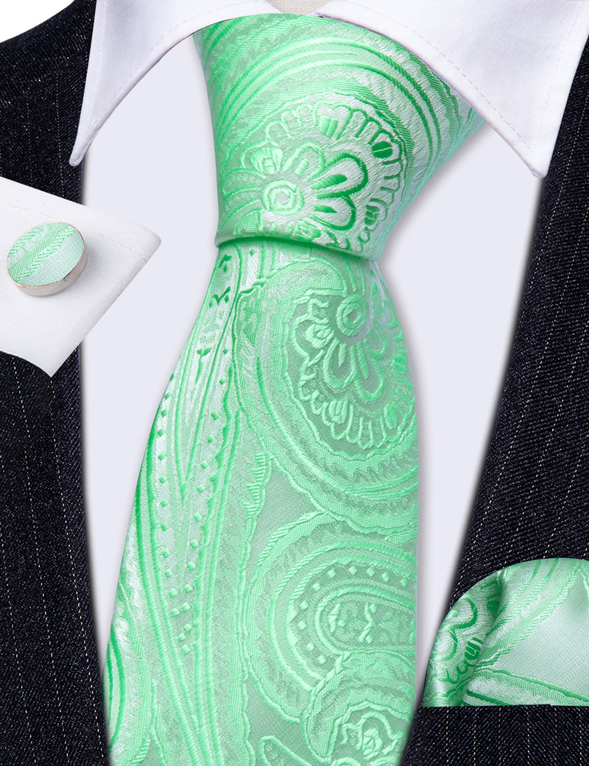 Light Green Paisley Silk Tie, Pocket Square and Cufflinks Set tie sets    - Sophisticated Gentlemen