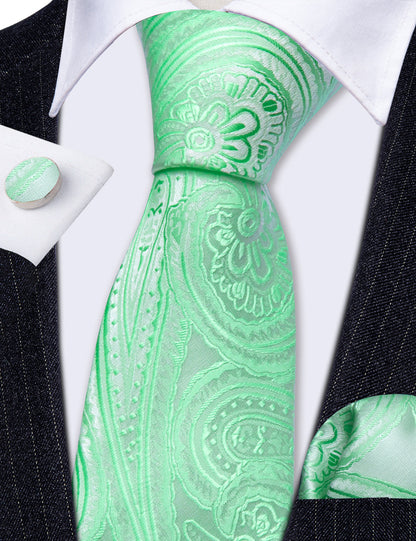 Light Green Paisley Silk Tie, Pocket Square and Cufflinks Set tie sets    - Sophisticated Gentlemen
