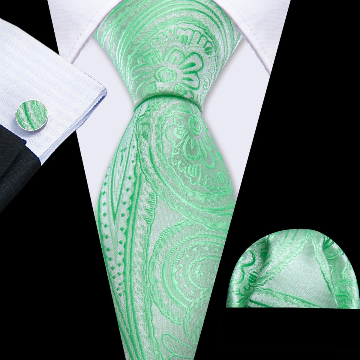 Light Green Paisley Silk Tie, Pocket Square and Cufflinks Set tie sets    - Sophisticated Gentlemen
