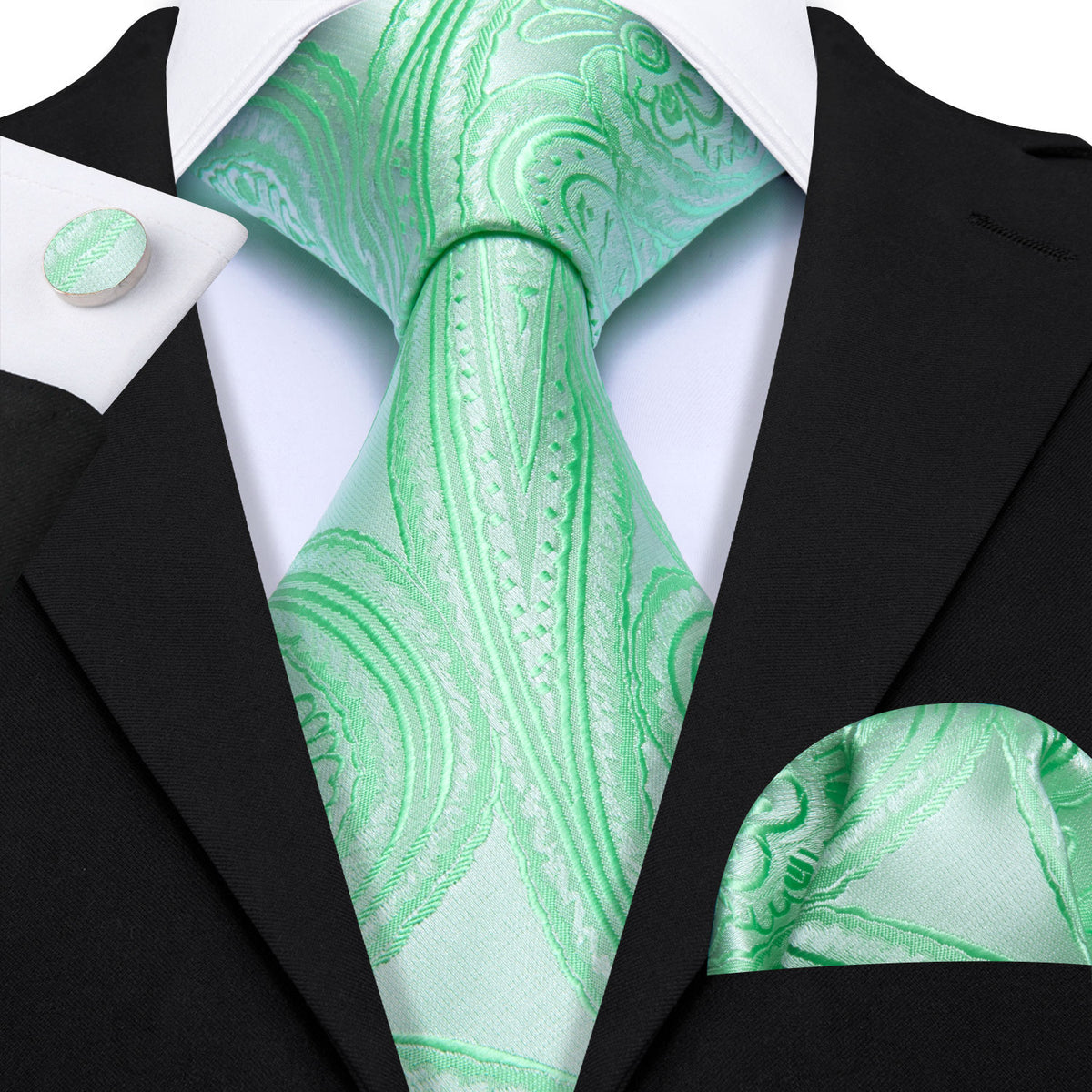 Light Green Paisley Silk Tie, Pocket Square and Cufflinks Set tie sets    - Sophisticated Gentlemen