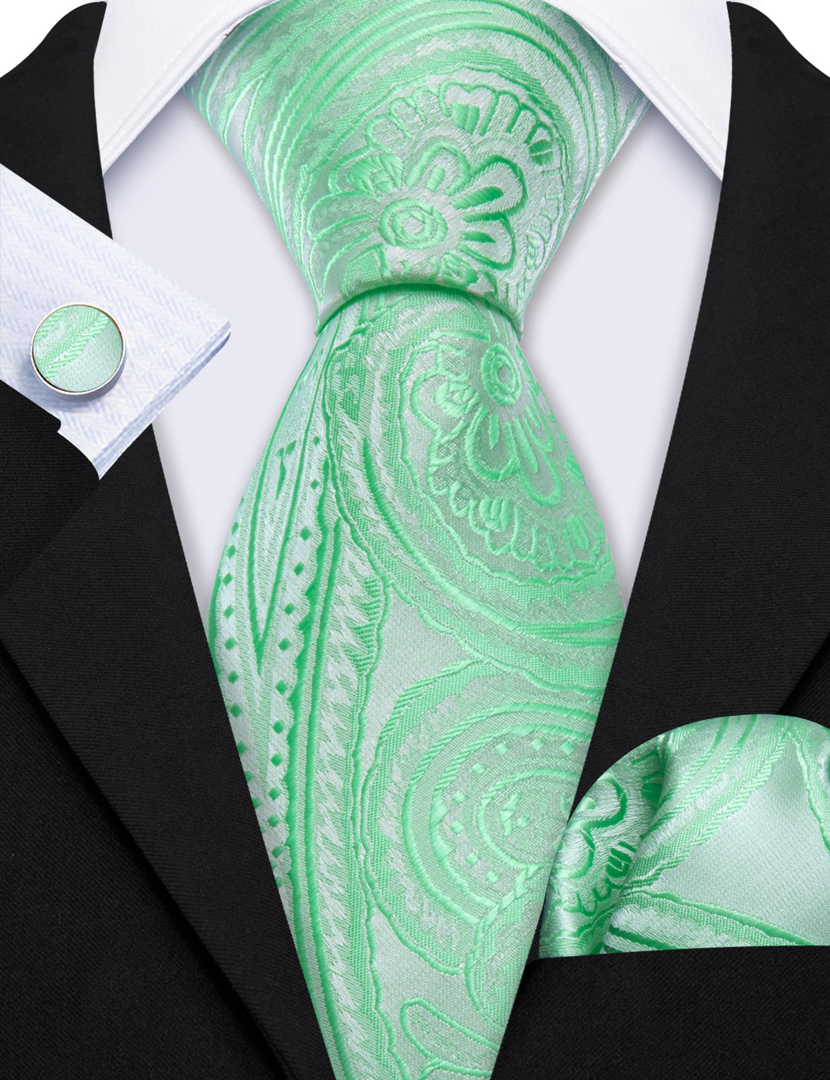 Light Green Paisley Silk Tie, Pocket Square and Cufflinks Set tie sets    - Sophisticated Gentlemen