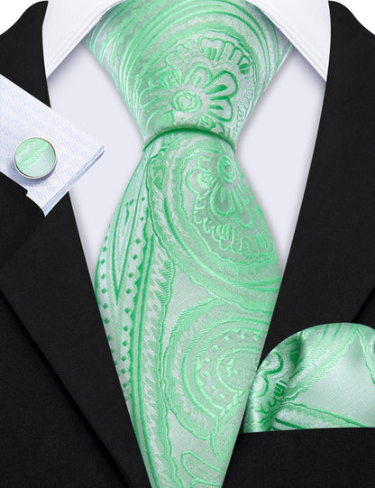 Light Green Paisley Silk Tie, Pocket Square and Cufflinks Set tie sets    - Sophisticated Gentlemen