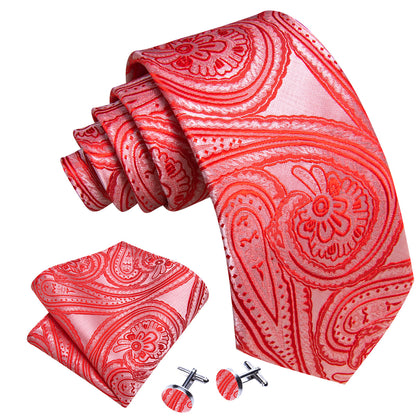 Light Red Paisley Silk Tie, Pocket Square and Cufflinks Set tie sets    - Sophisticated Gentlemen