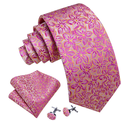Pink Peach Blossom Jacquard Silk Tie, Pocket Square and Cufflinks Set tie sets    - Sophisticated Gentlemen