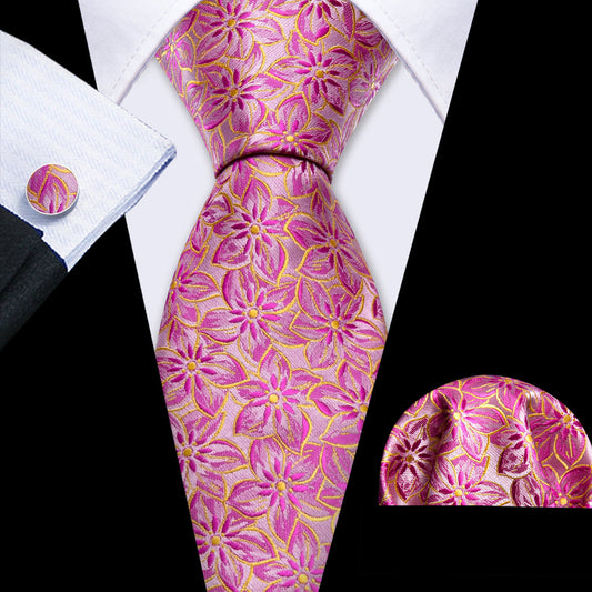 Pink Peach Blossom Jacquard Silk Tie, Pocket Square and Cufflinks Set tie sets    - Sophisticated Gentlemen