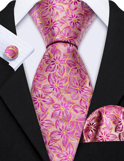 Pink Peach Blossom Jacquard Silk Tie, Pocket Square and Cufflinks Set tie sets    - Sophisticated Gentlemen