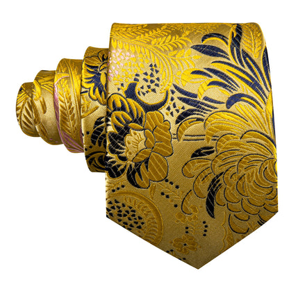 Gold Blue Floral Silk Tie, Pocket Square and Cufflinks Set tie sets    - Sophisticated Gentlemen