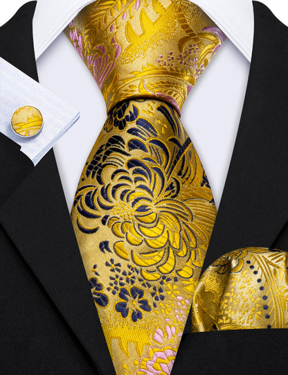 Gold Blue Floral Silk Tie, Pocket Square and Cufflinks Set tie sets    - Sophisticated Gentlemen