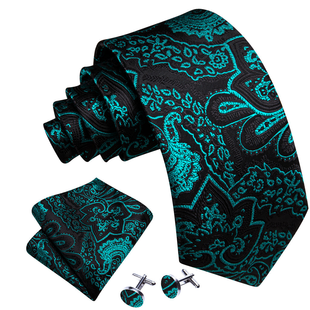 Teal Green Black Blue Paisley Silk Tie, Pocket Square and Cufflinks Set tie sets    - Sophisticated Gentlemen