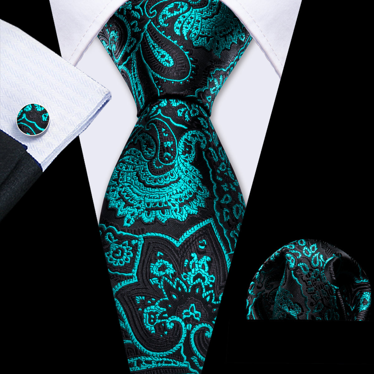 Teal Green Black Blue Paisley Silk Tie, Pocket Square and Cufflinks Set tie sets    - Sophisticated Gentlemen
