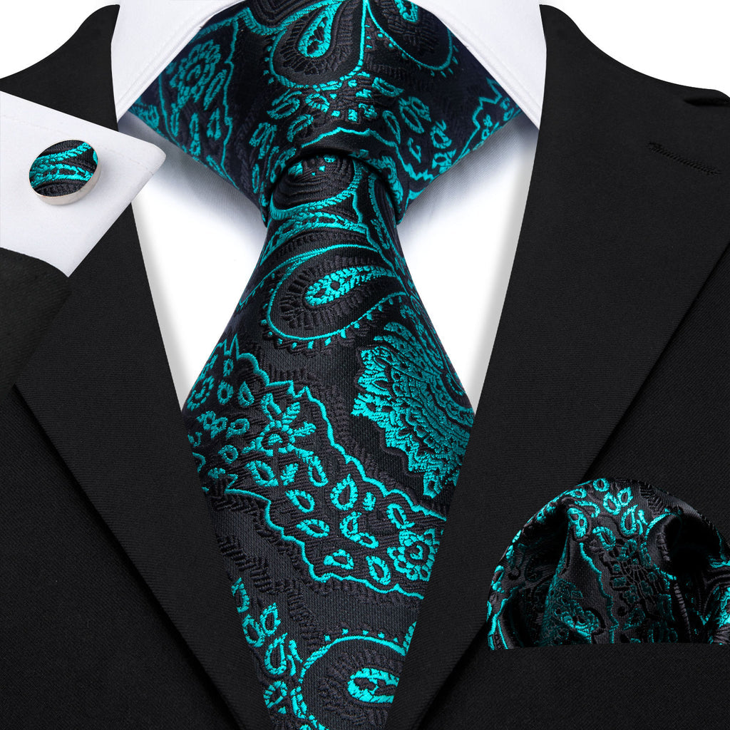 Teal Green Black Blue Paisley Silk Tie, Pocket Square and Cufflinks Set tie sets    - Sophisticated Gentlemen