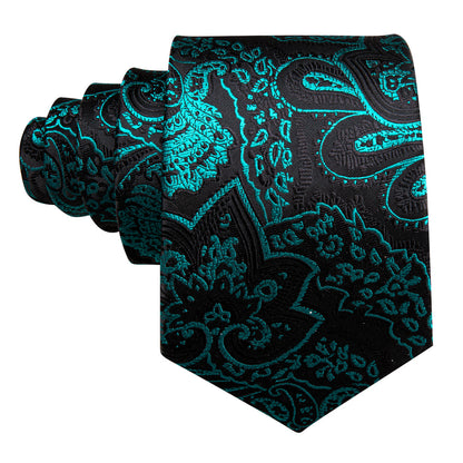 Teal Green Black Blue Paisley Silk Tie, Pocket Square and Cufflinks Set tie sets    - Sophisticated Gentlemen