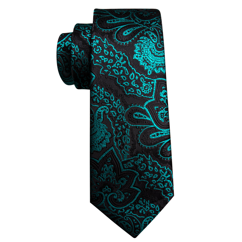 Teal Green Black Blue Paisley Silk Tie, Pocket Square and Cufflinks Set tie sets    - Sophisticated Gentlemen