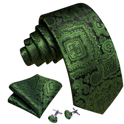 Olive Paisley Silk Tie, Pocket Square and Cufflinks Set tie sets    - Sophisticated Gentlemen