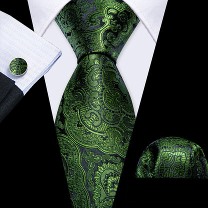 Olive Paisley Silk Tie, Pocket Square and Cufflinks Set tie sets    - Sophisticated Gentlemen
