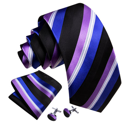 Blue Purple Striped Silk Tie, Pocket Square and Cufflinks Set tie sets    - Sophisticated Gentlemen