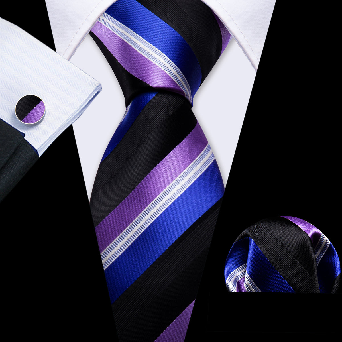 Blue Purple Striped Silk Tie, Pocket Square and Cufflinks Set tie sets    - Sophisticated Gentlemen