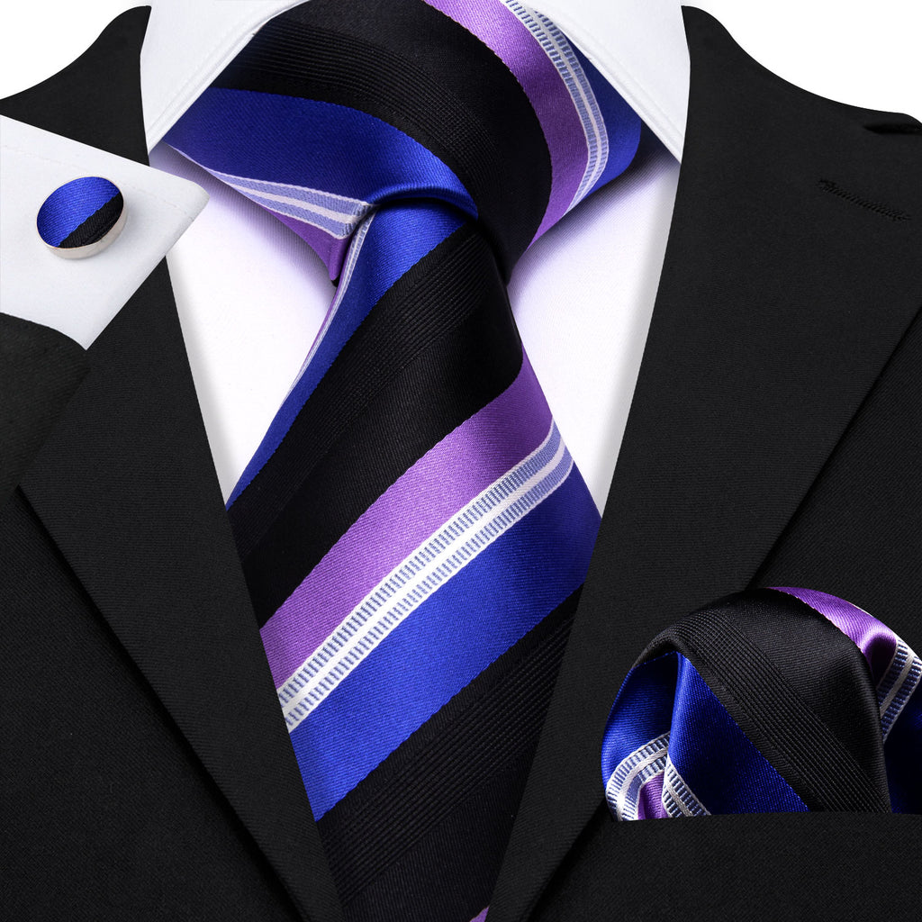 Blue Purple Striped Silk Tie, Pocket Square and Cufflinks Set tie sets    - Sophisticated Gentlemen