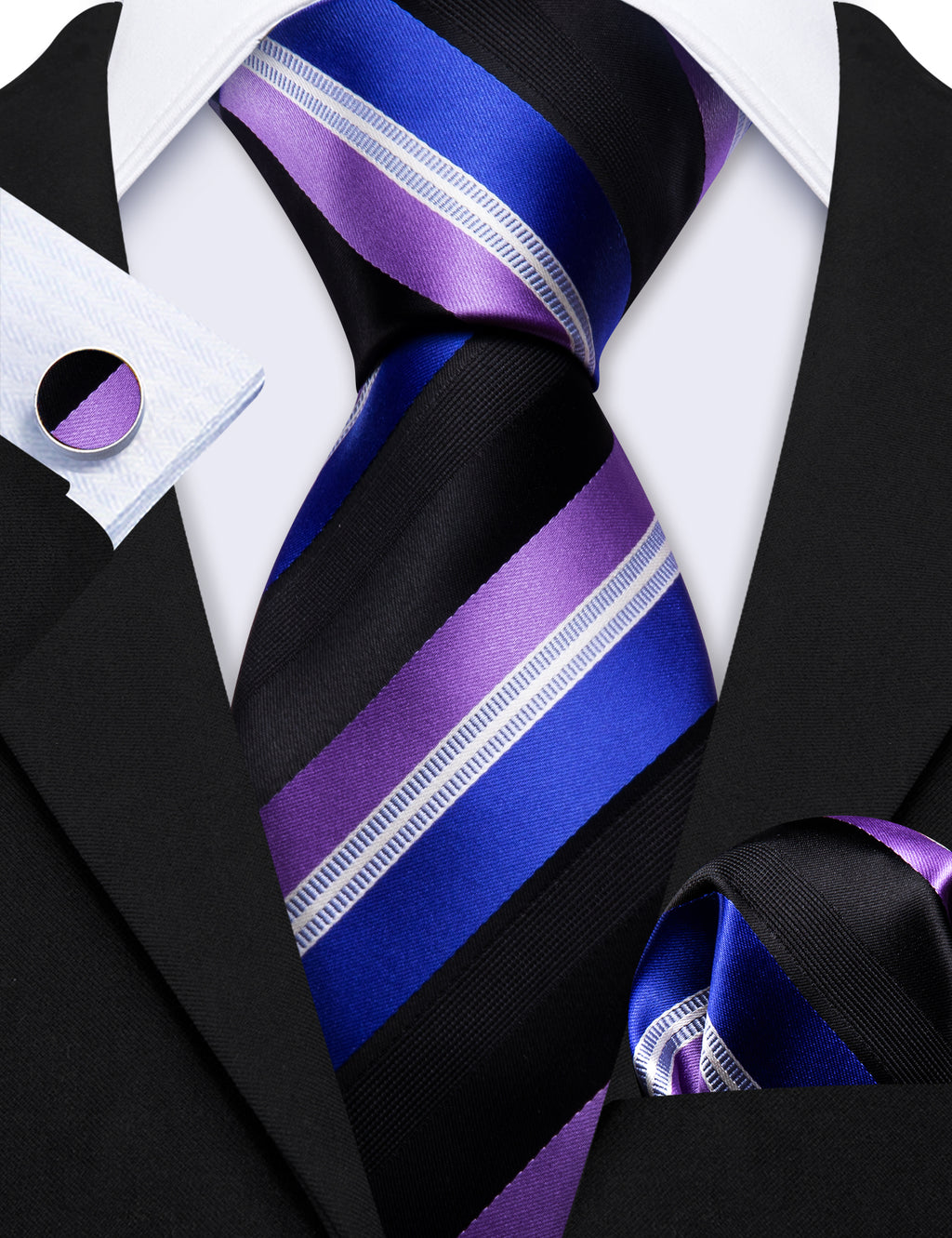 Blue Purple Striped Silk Tie, Pocket Square and Cufflinks Set tie sets    - Sophisticated Gentlemen
