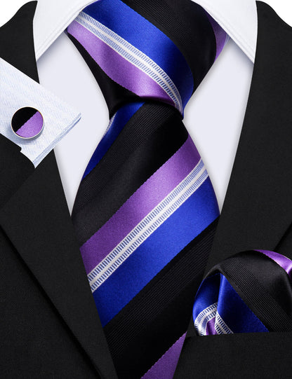 Blue Purple Striped Silk Tie, Pocket Square and Cufflinks Set tie sets    - Sophisticated Gentlemen