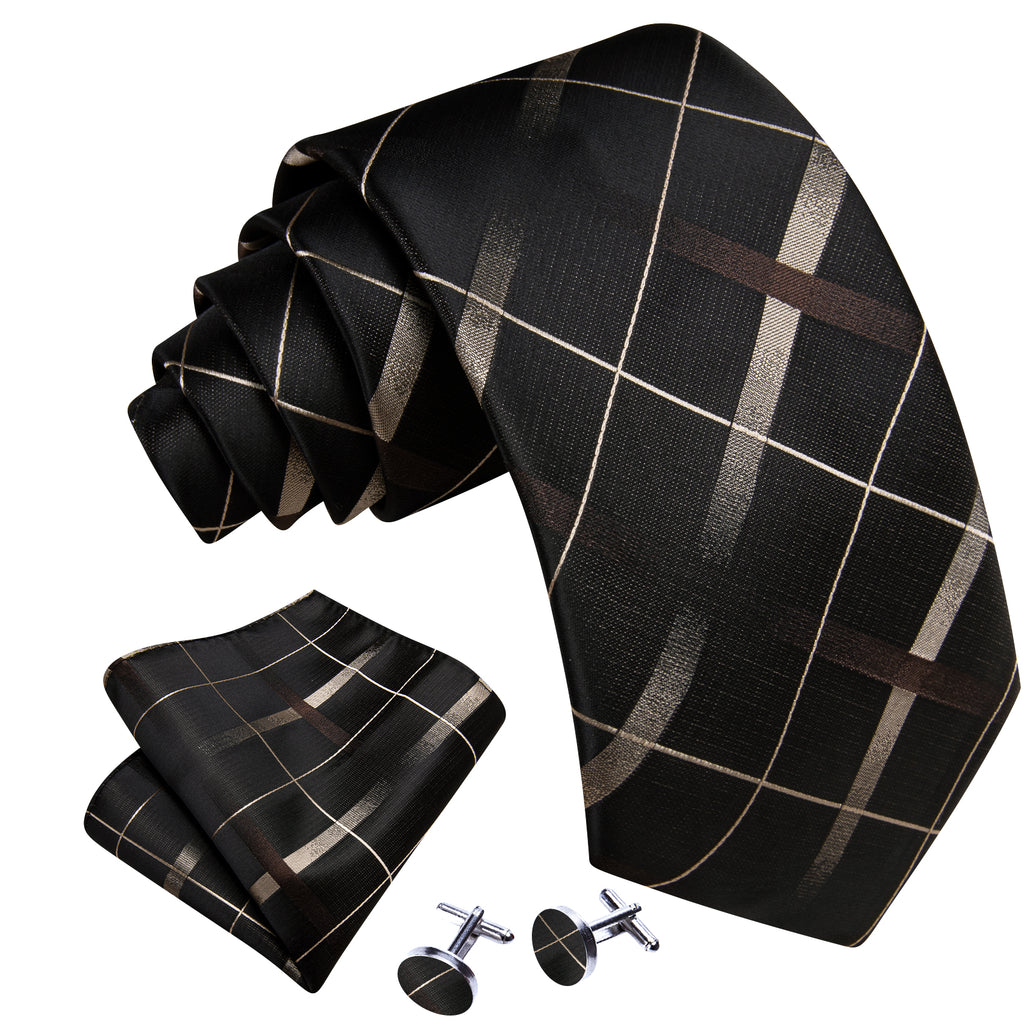 Brown Black Striped Silk Tie, Pocket Square and Cufflinks Set tie sets    - Sophisticated Gentlemen
