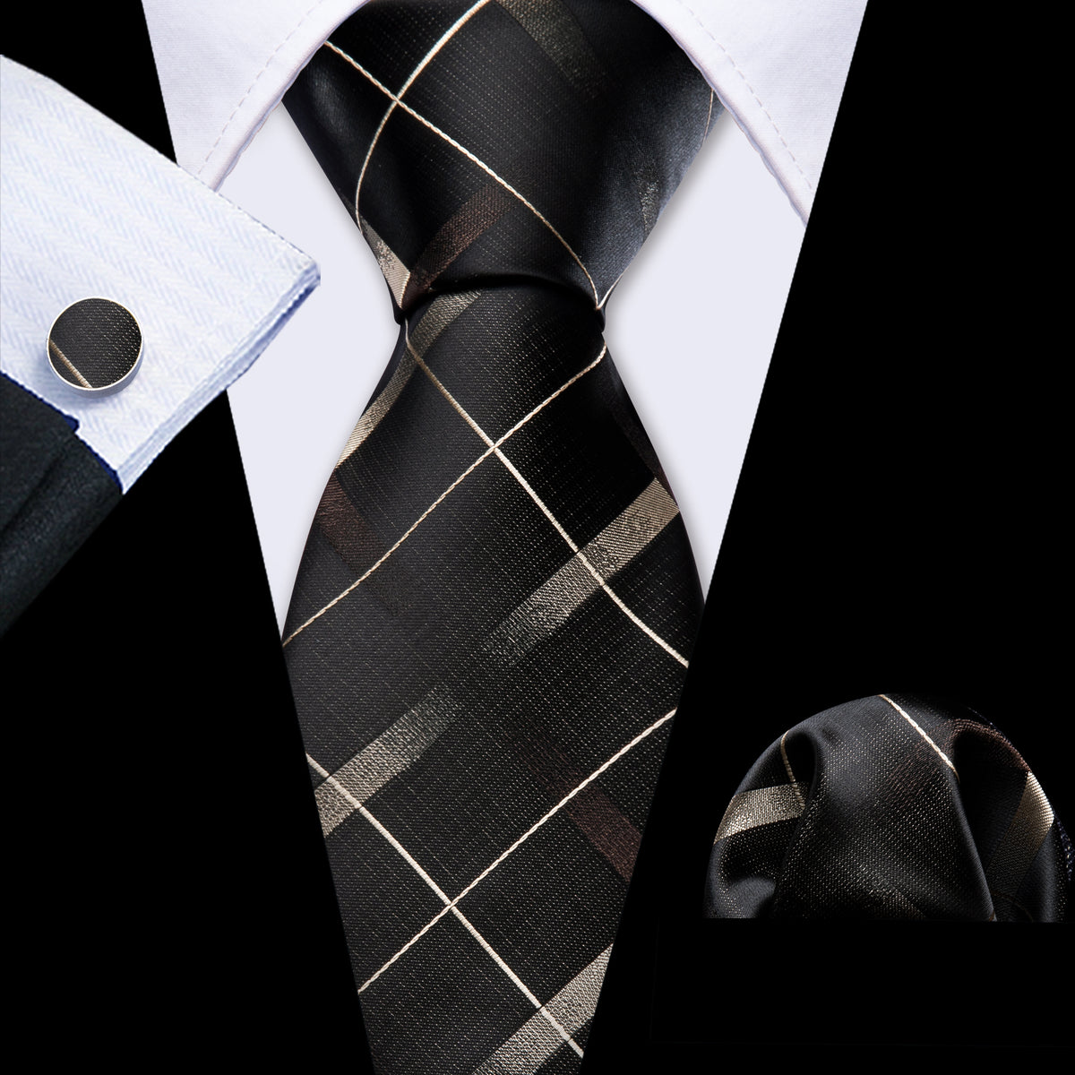 Brown Black Striped Silk Tie, Pocket Square and Cufflinks Set tie sets    - Sophisticated Gentlemen