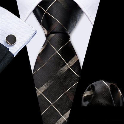 Brown Black Striped Silk Tie, Pocket Square and Cufflinks Set tie sets    - Sophisticated Gentlemen