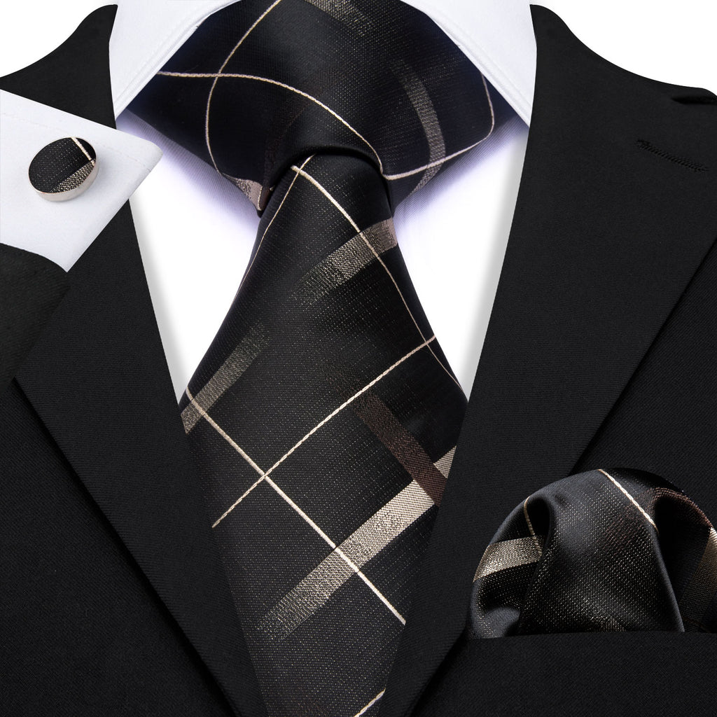 Brown Black Striped Silk Tie, Pocket Square and Cufflinks Set tie sets    - Sophisticated Gentlemen
