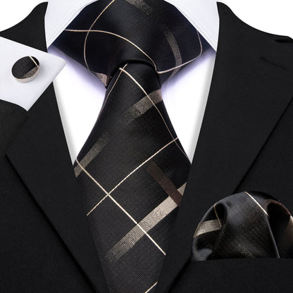 Brown Black Striped Silk Tie, Pocket Square and Cufflinks Set tie sets    - Sophisticated Gentlemen