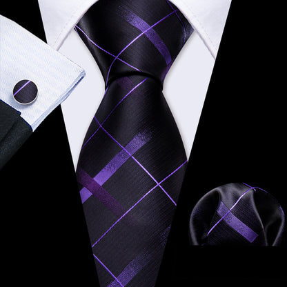 Black Purple Plaid Silk Tie, Pocket Square and Cufflinks Set tie sets    - Sophisticated Gentlemen