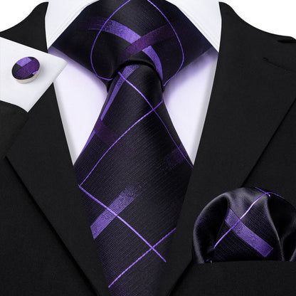 Black Purple Plaid Silk Tie, Pocket Square and Cufflinks Set tie sets    - Sophisticated Gentlemen