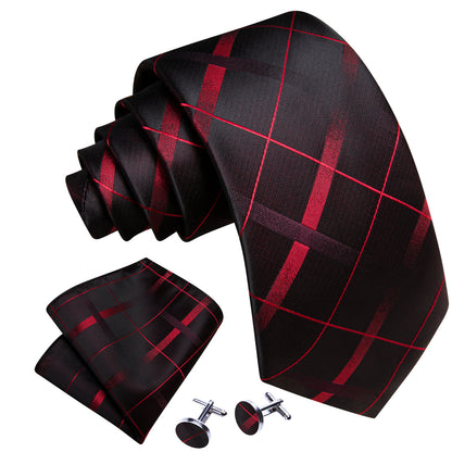 Black Red Plaid Silk Tie, Pocket Square and Cufflinks Set tie sets    - Sophisticated Gentlemen