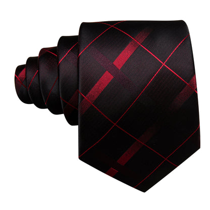 Black Red Plaid Silk Tie, Pocket Square and Cufflinks Set tie sets    - Sophisticated Gentlemen