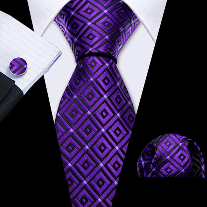 Purple Hyacinth Plaid Silk Tie, Pocket Square and Cufflinks Set tie sets    - Sophisticated Gentlemen
