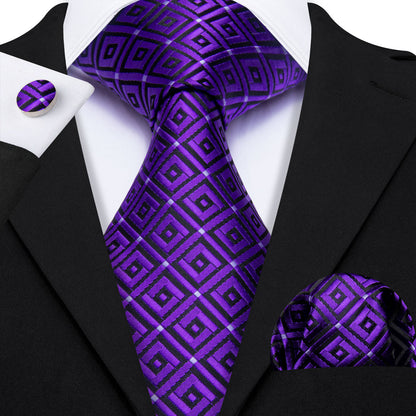 Purple Hyacinth Plaid Silk Tie, Pocket Square and Cufflinks Set tie sets    - Sophisticated Gentlemen