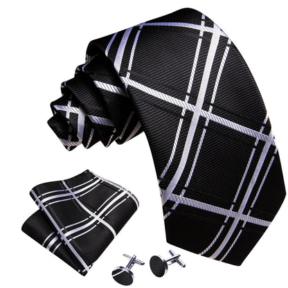 Black White Striped Silk Tie, Pocket Square and Cufflinks Set tie sets    - Sophisticated Gentlemen