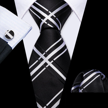 Black White Striped Silk Tie, Pocket Square and Cufflinks Set tie sets    - Sophisticated Gentlemen