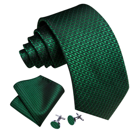 Green Novelty Plaid Silk Tie, Pocket Square and Cufflinks Set tie sets    - Sophisticated Gentlemen