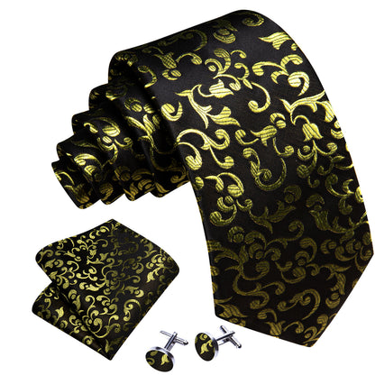 Black Yellow Floral Silk Tie, Pocket Square and Cufflinks Set tie sets    - Sophisticated Gentlemen
