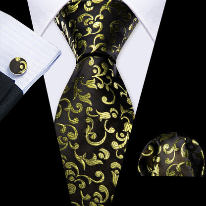 Black Yellow Floral Silk Tie, Pocket Square and Cufflinks Set tie sets    - Sophisticated Gentlemen