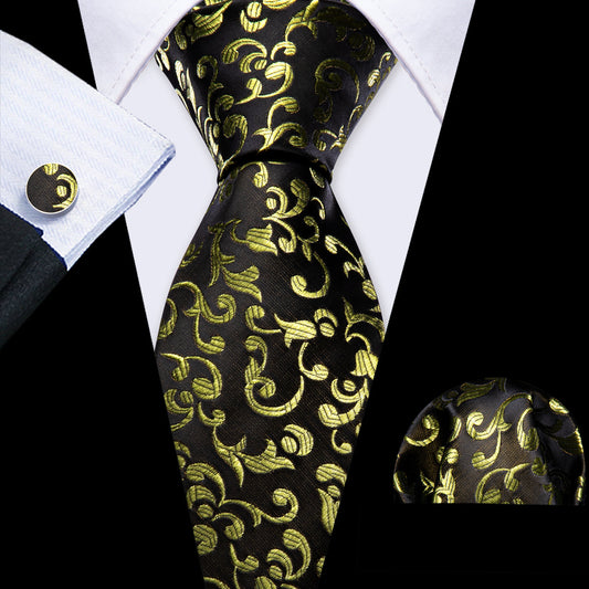 Black Yellow Floral Silk Tie, Pocket Square and Cufflinks Set tie sets    - Sophisticated Gentlemen