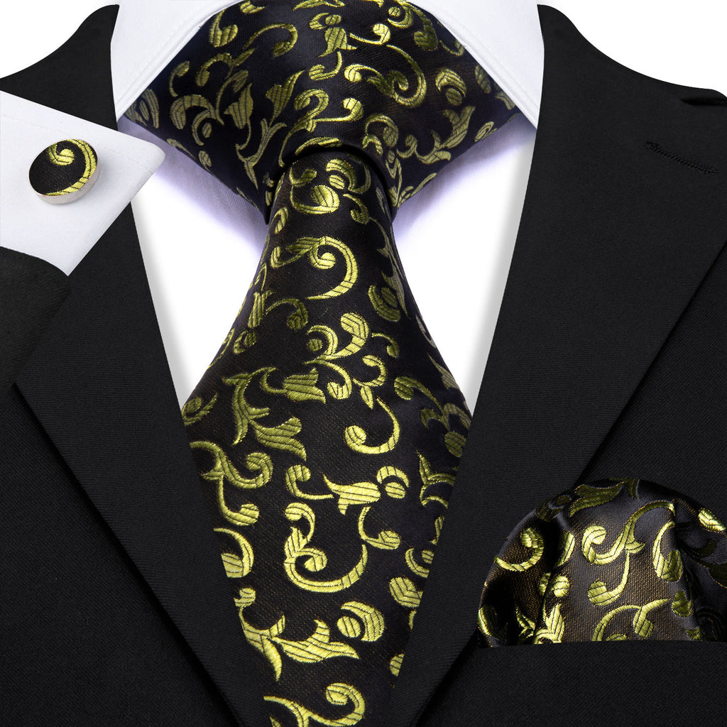 Black Yellow Floral Silk Tie, Pocket Square and Cufflinks Set tie sets    - Sophisticated Gentlemen