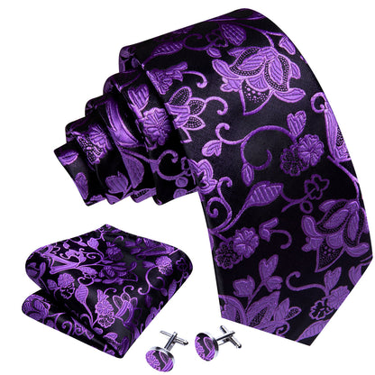 Purple Black Floral Silk Tie, Pocket Square and Cufflinks Set tie sets    - Sophisticated Gentlemen